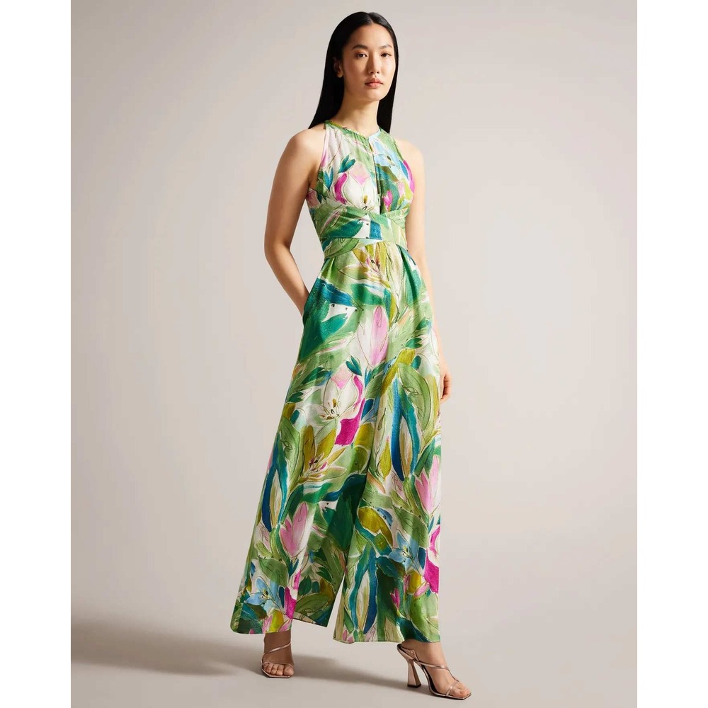 Ted Baker Rachily Green Floral Halterneck Wrap Bodice Wide Leg Jumpsuit Size 2
